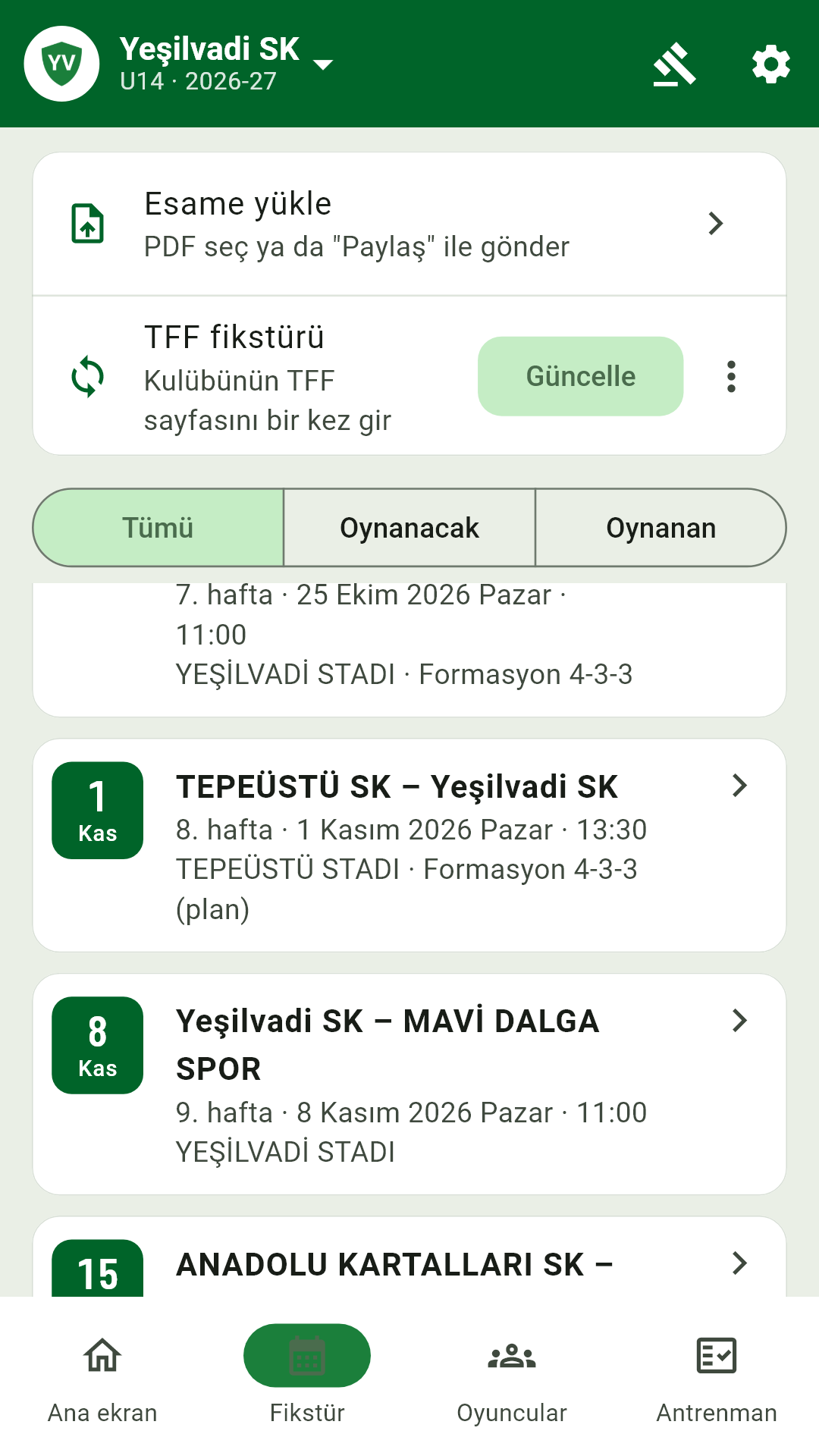 Fikstür ekranı
