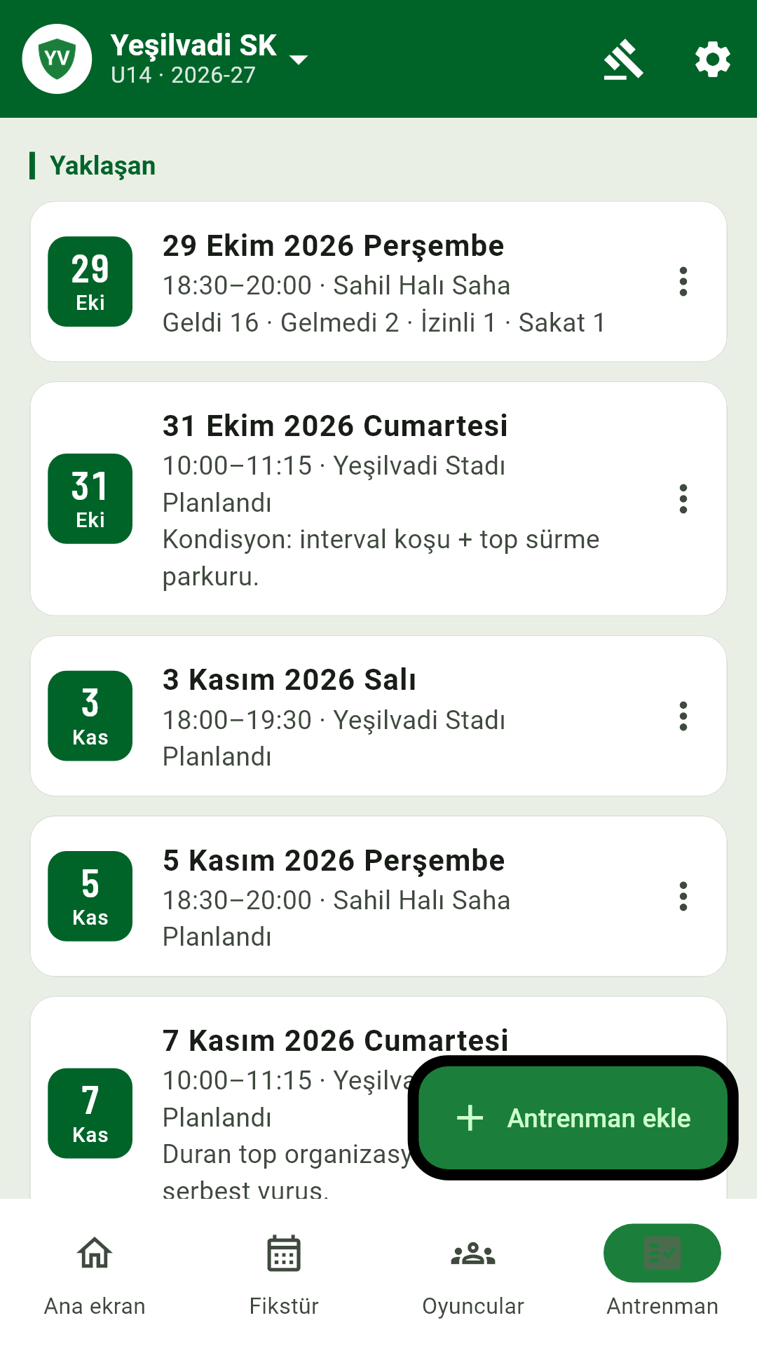 Antrenman listesi